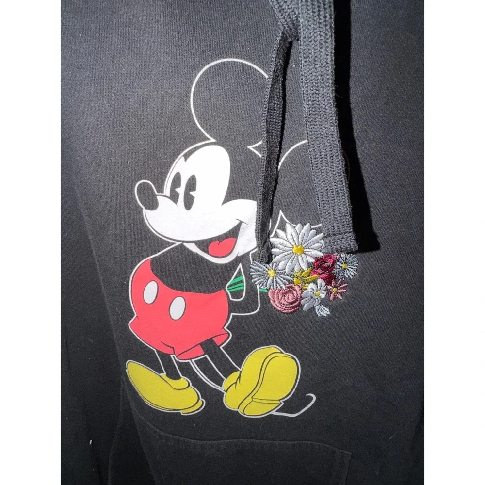 Disney Mickey Mouse Hoodie Women XL Black Excellent Floral Graphic Sweatshirt